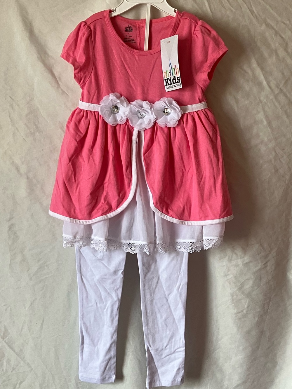 Kids Headquarters Pink & White Floral Tunic Dress with White Leggings size 6.